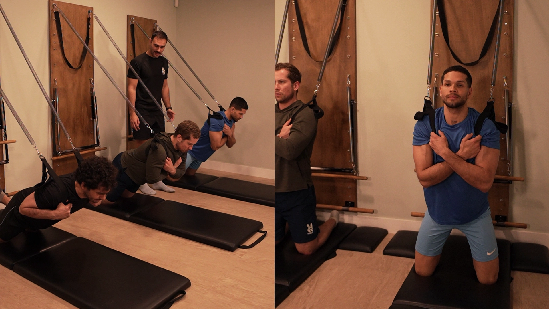 TRES CHICOS Y UN INSTRUCTOR REALIZANDO POSTURAS AVANZADAS DE PILATES EN MÁQUINA EN UN CENTRO DE MADRID